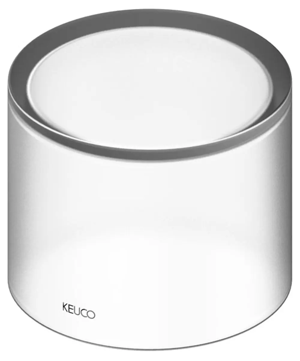 Transparenter, zylindrischer Glasbehälter mit mattem Finish, beschriftet mit dem Markennamen Keuco. Geeignet für verschiedene Anwendungen im Badezimmer oder Wohnraum.